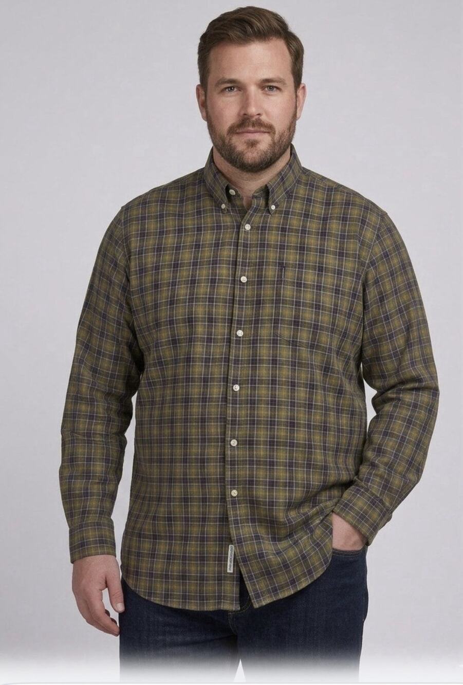 Barbour Malcolm Tartan Plaid Button Down Shirt Olive Green Mens Size XL Cotton